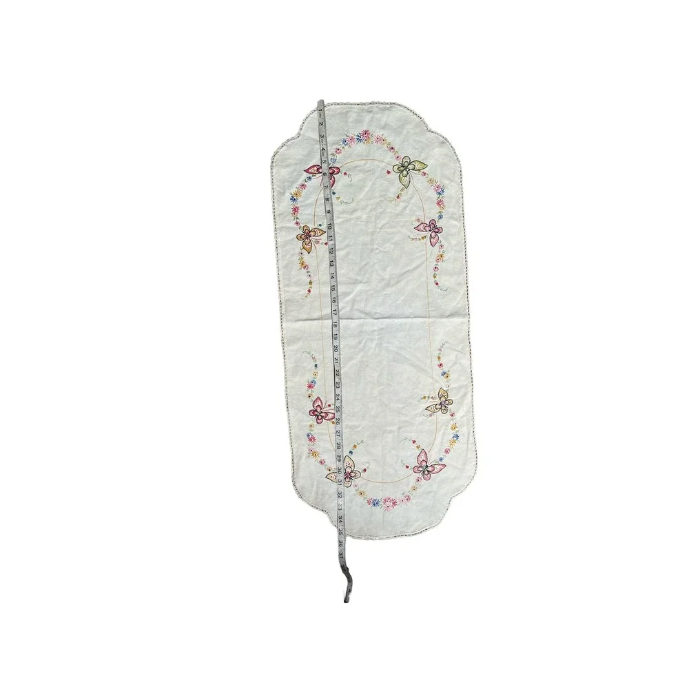 Vintage Embroidered Table Runner Butterfly Floral Dresser Scarf Linen